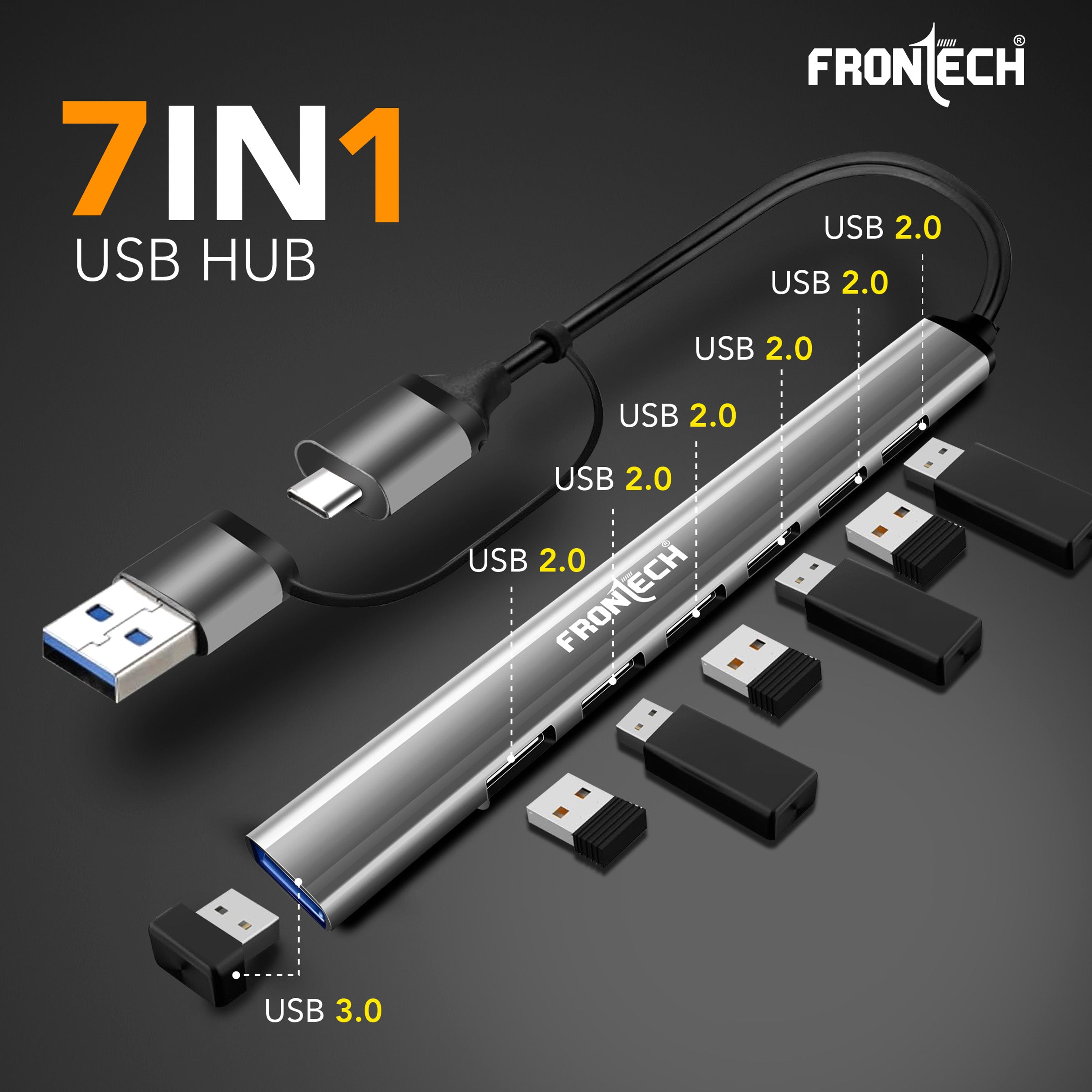 Frontech Type C+A 7 in 1 USB Hub, Upto 5GBPS DataTransfer Speed,Dedicated Card Reader & Micro SD Slot, Universally Compatible with All USB,Speaker,Laptop,Hard Drive,15cm Cable (NC-0043) Frontech Type C+A 7 in 1 USB Hub, Upto 5GBPS DataTransfer Speed,Dedicated Card Reader & Micro SD Slot, Universally Compatible with All USB,Speaker,Laptop,Hard Drive,15cm Cable (NC-0043)